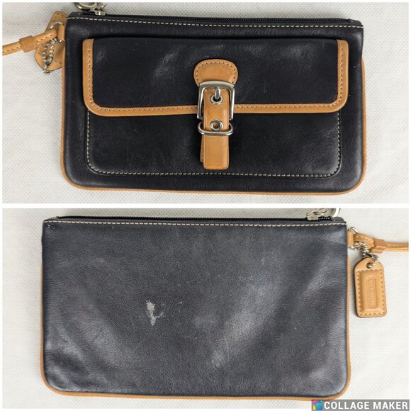 Coach Leather Wristlet Clutch Pouch Black Tan Buckle Accent "4 x 7.5" - Picture 3 of 14